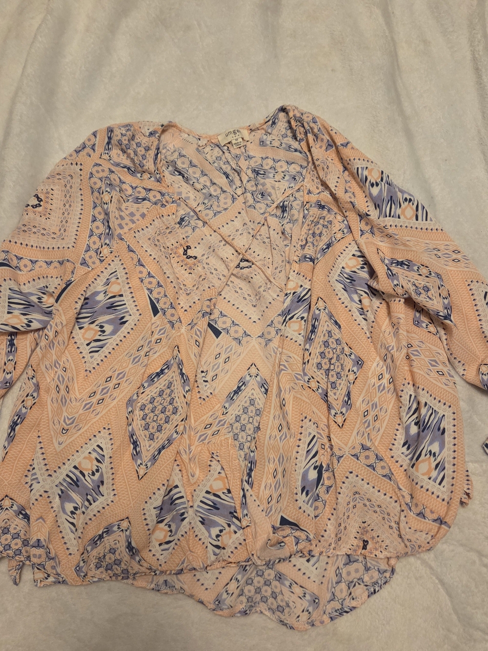 Umgee Peach and Navy Printed V-Neck Blouse